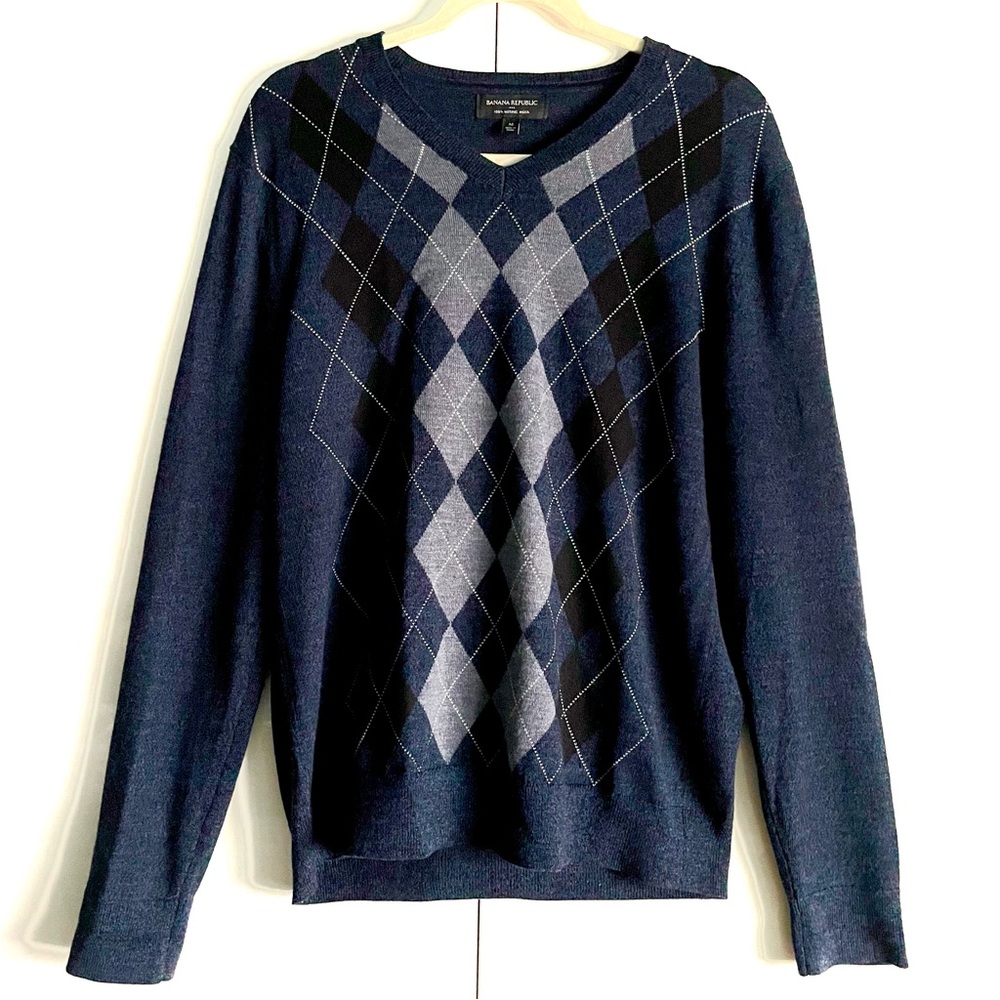 Banana Republic Men's Washable 100% Merino Wool Argyle V-Neck Sweater Size M EUC - Picture 2 of 12